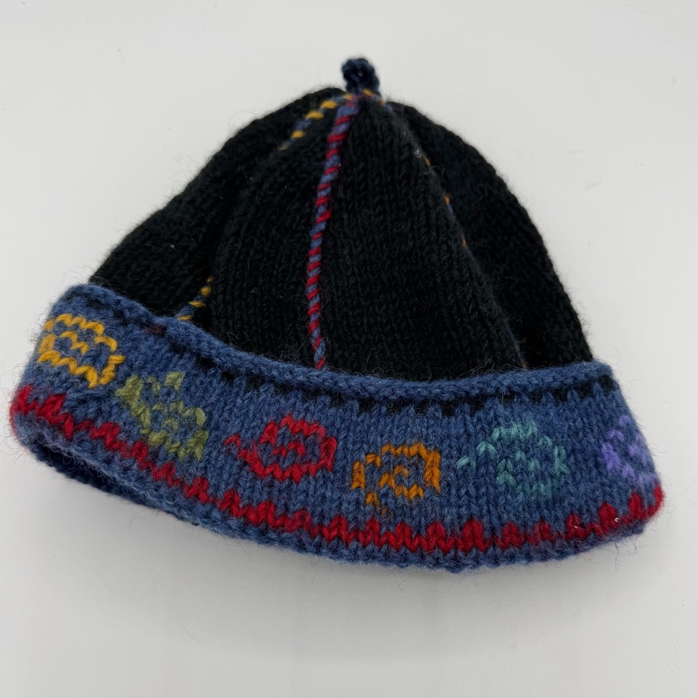 Newari Wool‎ Beanie made in Nepal blue and black with embroidery
